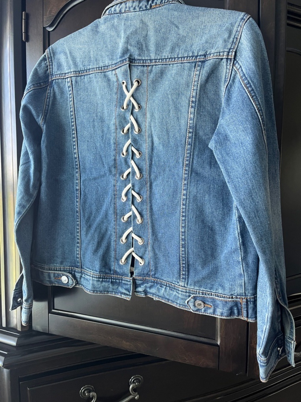 Anthropologie Lea & Viola Blue Lace-Up Denim Jacket - Picture 7 of 8
